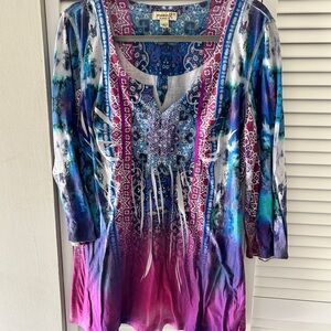 ONE WORLD Blue and Pink Embellished Tunic with Graphic Design